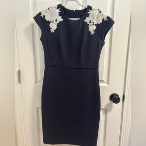 Ann Taylor Navy Blue Cocktail Dresss with Lace Shoulders, Size 0